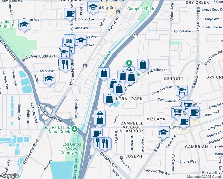 map of restaurants, bars, coffee shops, grocery stores, and more near Griffith Lane in Campbell