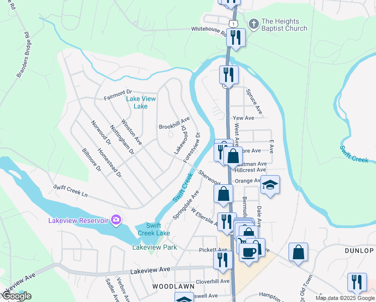 map of restaurants, bars, coffee shops, grocery stores, and more near 907 Forestview Drive in Colonial Heights