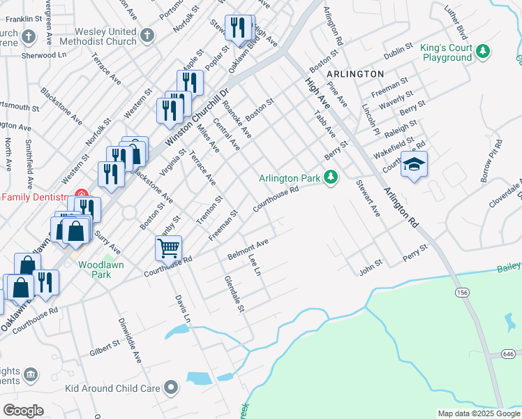 map of restaurants, bars, coffee shops, grocery stores, and more near 3004 Courthouse Road in Hopewell