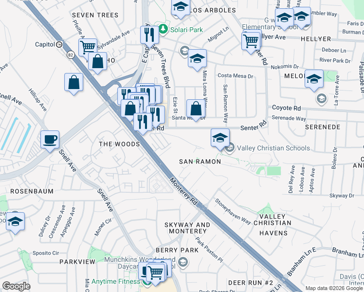 map of restaurants, bars, coffee shops, grocery stores, and more near 4234 Monterey Road in San Jose