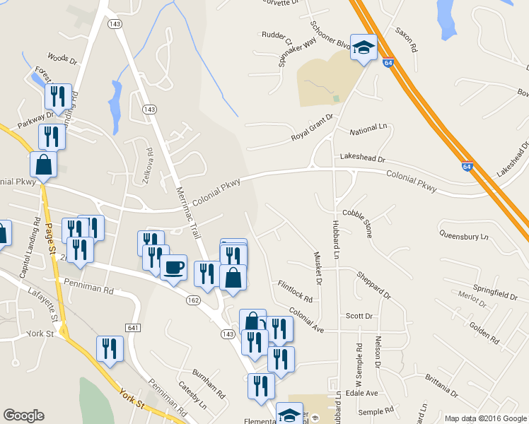 map of restaurants, bars, coffee shops, grocery stores, and more near 609 Musket Drive in Williamsburg