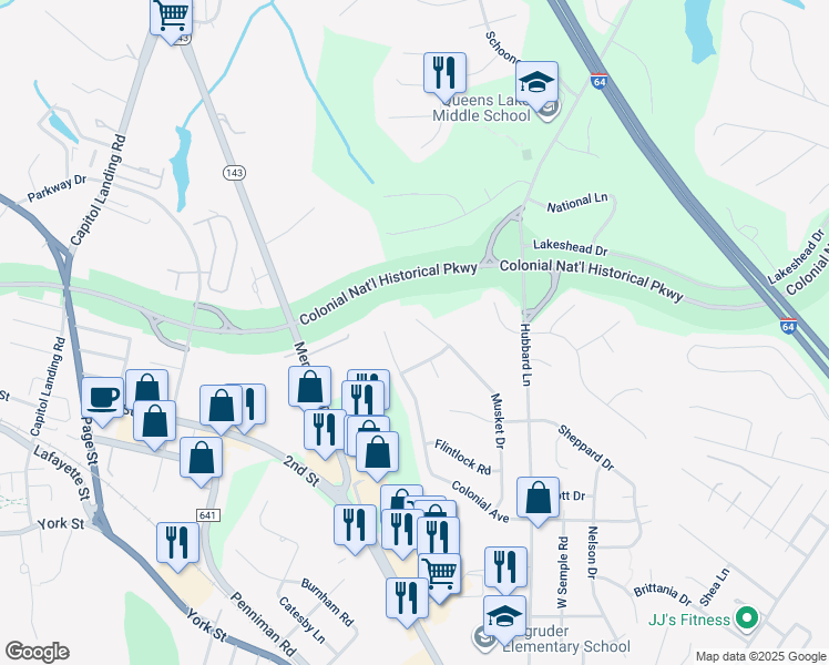map of restaurants, bars, coffee shops, grocery stores, and more near 609 Musket Drive in Williamsburg