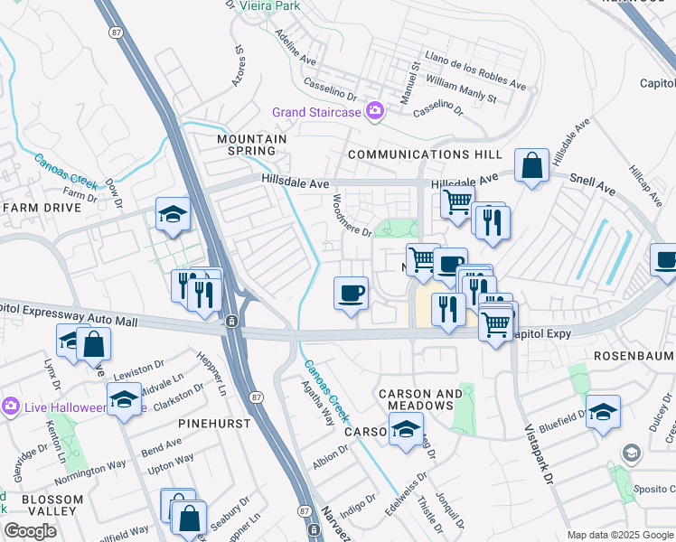 map of restaurants, bars, coffee shops, grocery stores, and more near 3349 Midtown Place in San Jose