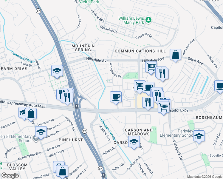 map of restaurants, bars, coffee shops, grocery stores, and more near 3349 Midtown Place in San Jose