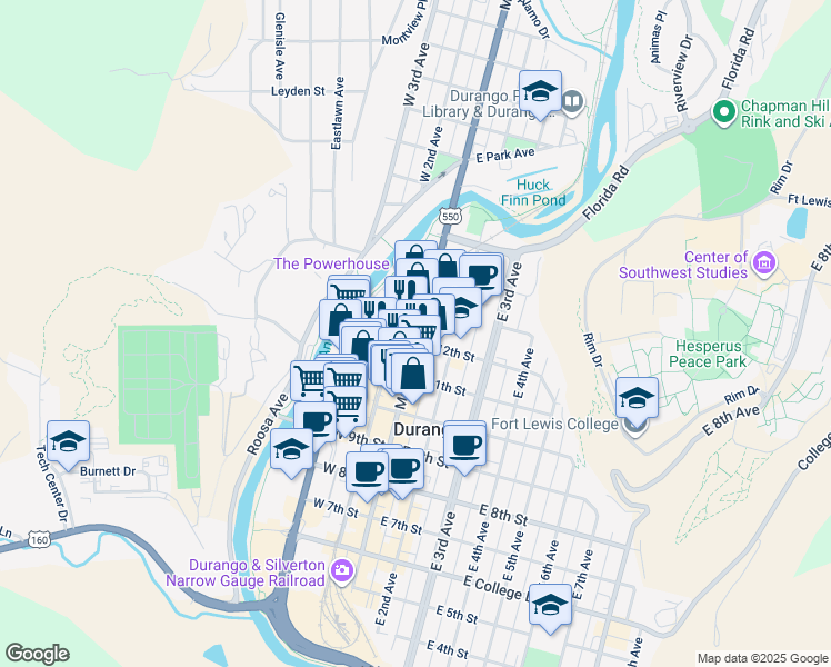 map of restaurants, bars, coffee shops, grocery stores, and more near 1199 Main Avenue in Durango