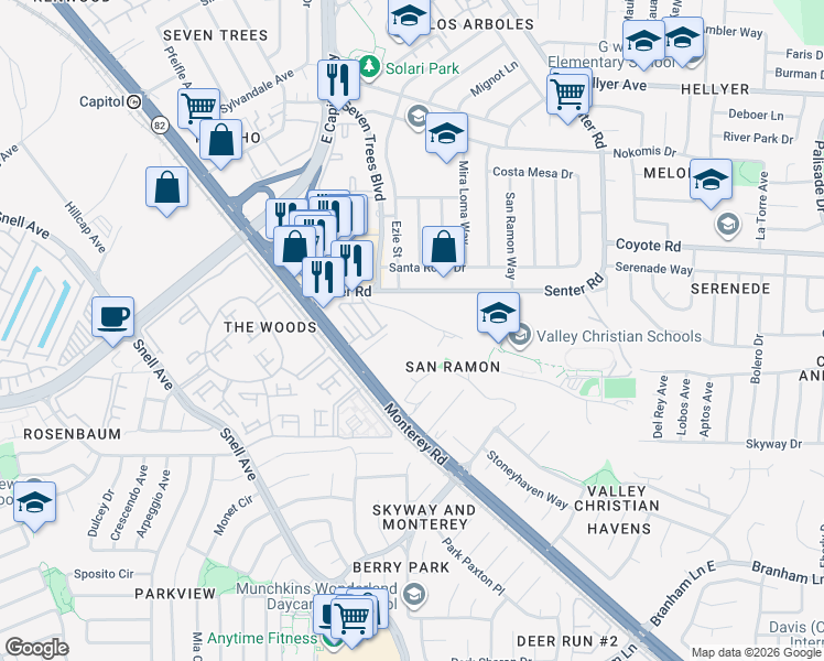 map of restaurants, bars, coffee shops, grocery stores, and more near 4234 Monterey Road in San Jose