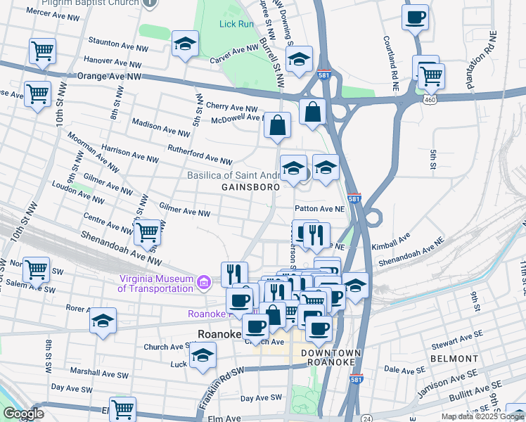 map of restaurants, bars, coffee shops, grocery stores, and more near 125 Gilmer Avenue Northwest in Roanoke