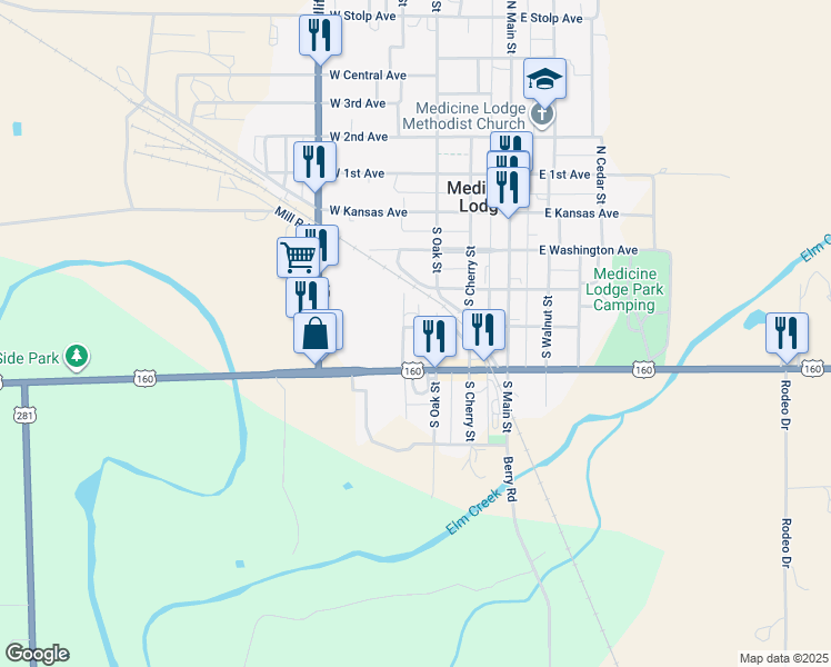 map of restaurants, bars, coffee shops, grocery stores, and more near 400-498 Cleveland Street in Medicine Lodge