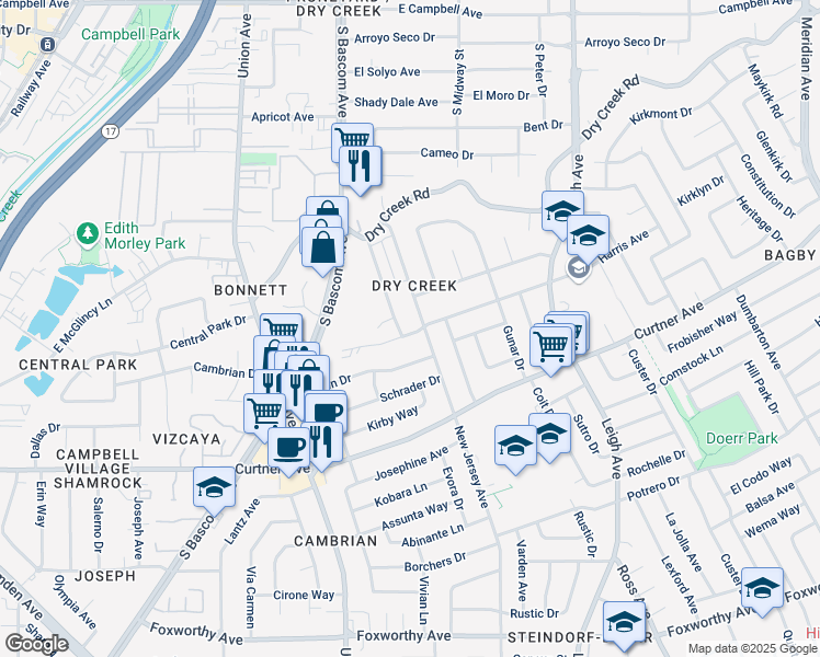 map of restaurants, bars, coffee shops, grocery stores, and more near 1960 Harris Avenue in San Jose