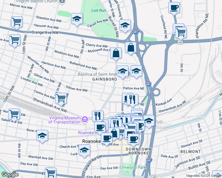 map of restaurants, bars, coffee shops, grocery stores, and more near 116 Patton Avenue Northwest in Roanoke