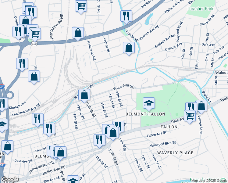 map of restaurants, bars, coffee shops, grocery stores, and more near 1617 Wise Avenue Southeast in Roanoke