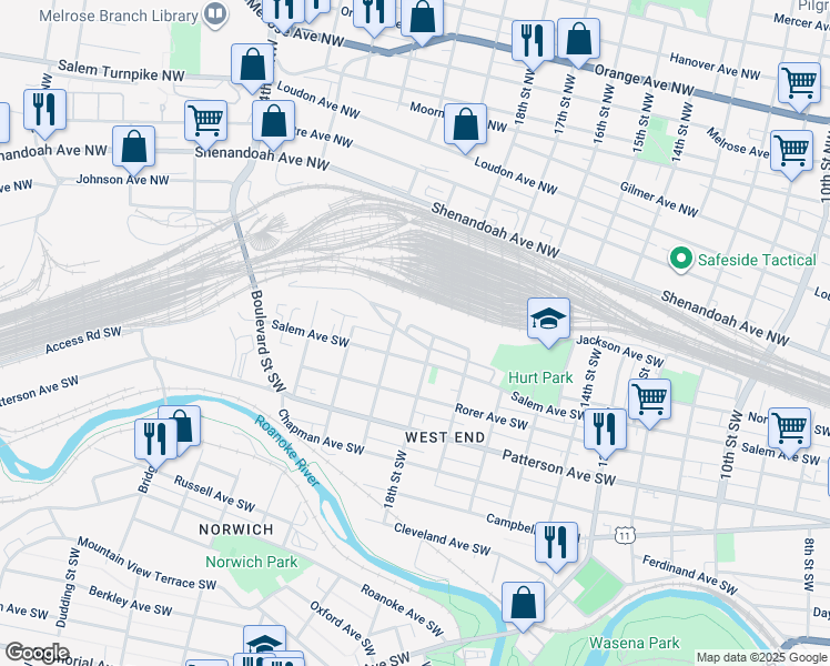 map of restaurants, bars, coffee shops, grocery stores, and more near 1822 Westview Avenue Southwest in Roanoke