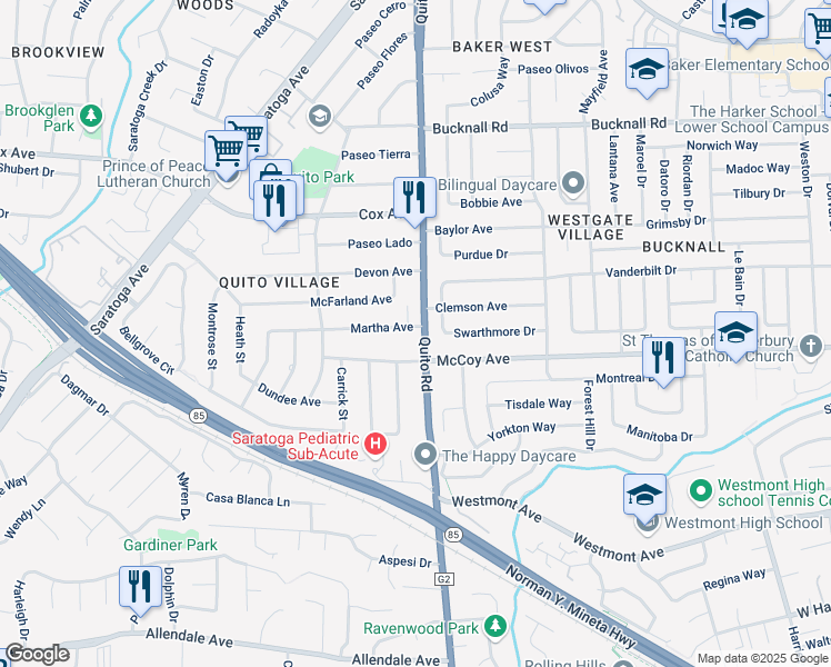 map of restaurants, bars, coffee shops, grocery stores, and more near 18553 McCoy Avenue in Saratoga