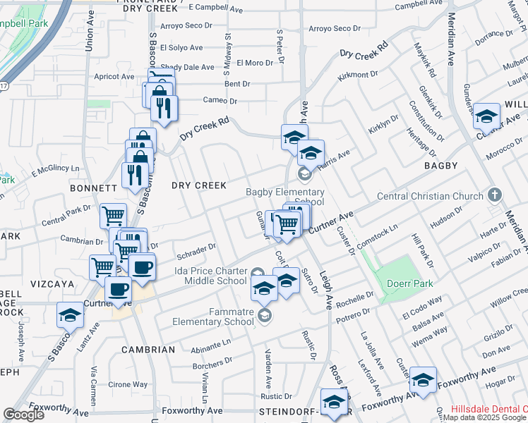 map of restaurants, bars, coffee shops, grocery stores, and more near 2464 Gunar Drive in San Jose
