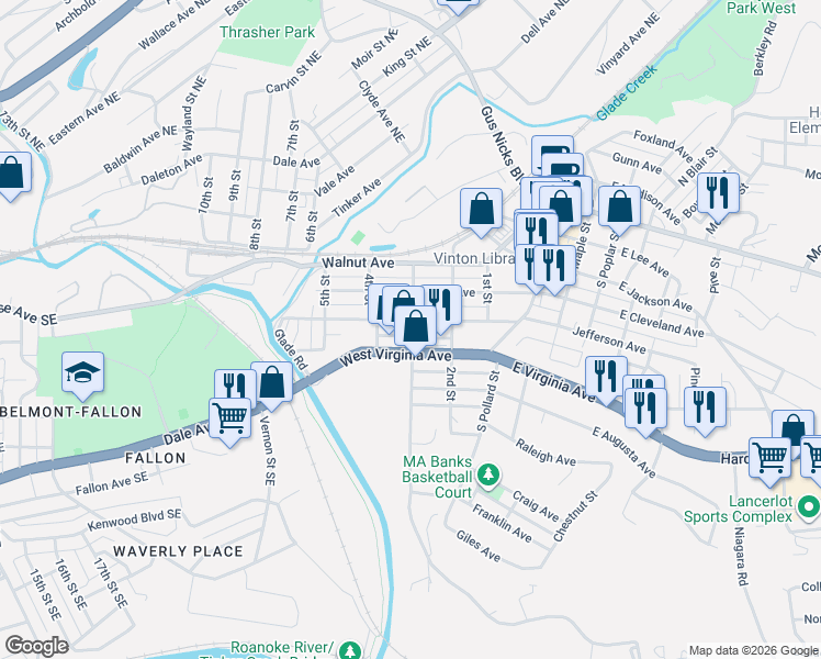 map of restaurants, bars, coffee shops, grocery stores, and more near 507 3rd Street in Vinton