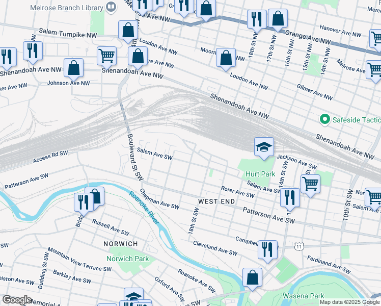 map of restaurants, bars, coffee shops, grocery stores, and more near 105 19th Street Southwest in Roanoke