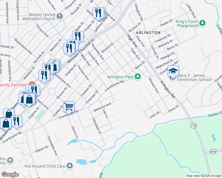map of restaurants, bars, coffee shops, grocery stores, and more near 3004 Courthouse Road in Hopewell