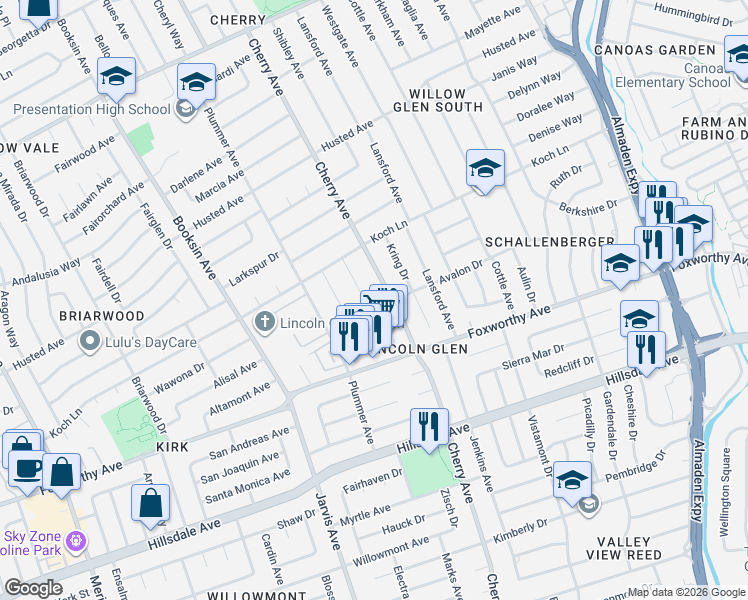 map of restaurants, bars, coffee shops, grocery stores, and more near 2711 Thrasher Lane in San Jose