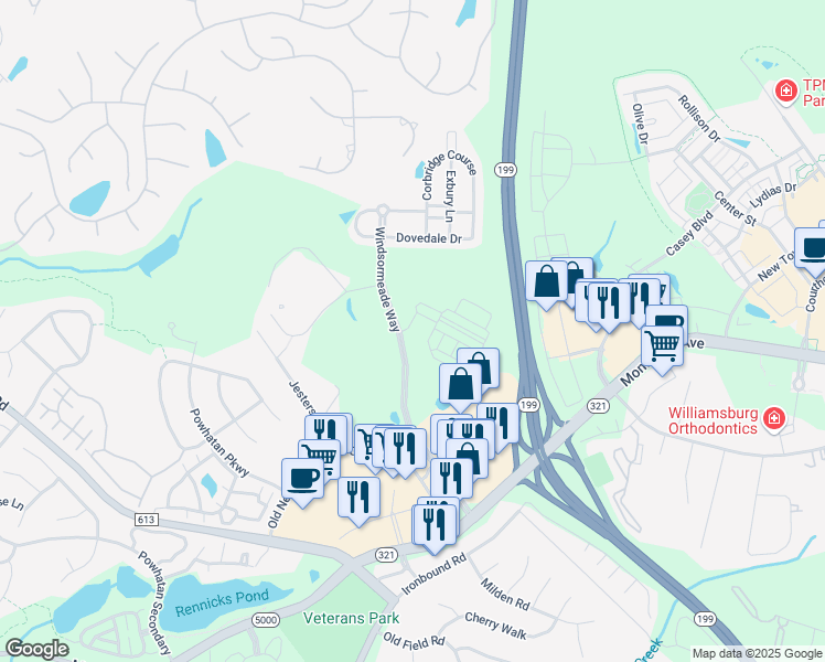 map of restaurants, bars, coffee shops, grocery stores, and more near 503 Thomas Stone Drive in Williamsburg