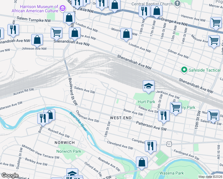 map of restaurants, bars, coffee shops, grocery stores, and more near 1817 Salem Avenue Southwest in Roanoke