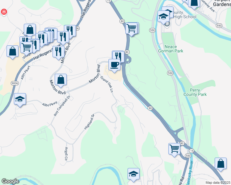 map of restaurants, bars, coffee shops, grocery stores, and more near Grand Oak Lane in Hazard