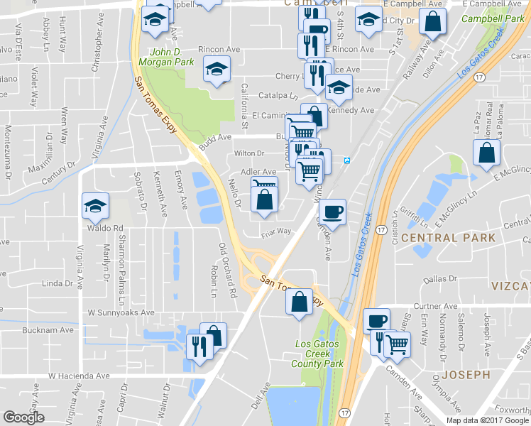 map of restaurants, bars, coffee shops, grocery stores, and more near  in Campbell