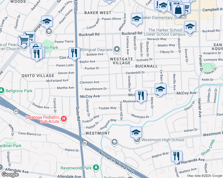map of restaurants, bars, coffee shops, grocery stores, and more near 2510 Villanova Road in San Jose