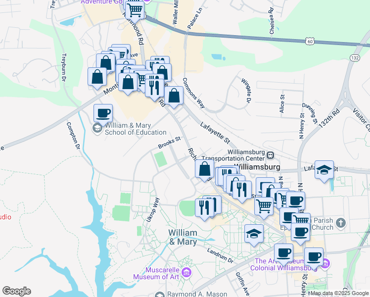 map of restaurants, bars, coffee shops, grocery stores, and more near 704 Richmond Road in Williamsburg