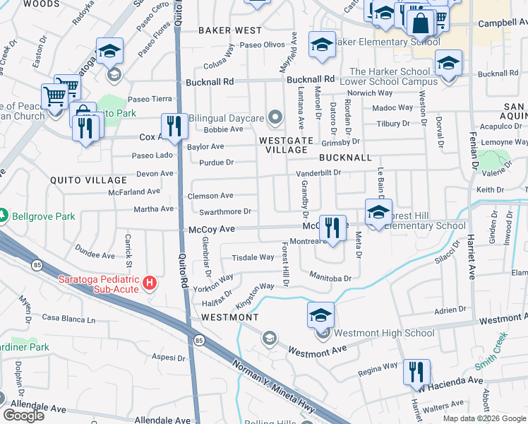 map of restaurants, bars, coffee shops, grocery stores, and more near 2510 Villanova Road in San Jose