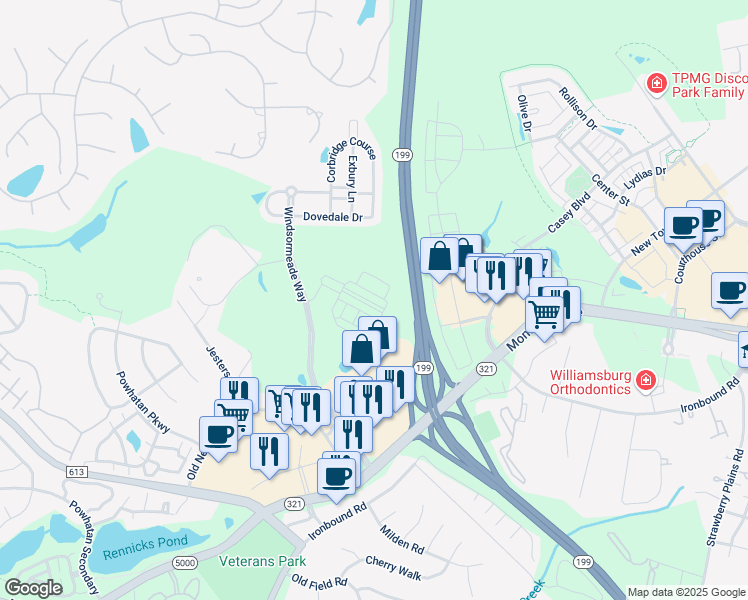 map of restaurants, bars, coffee shops, grocery stores, and more near 2012 William Ellery Drive in Williamsburg