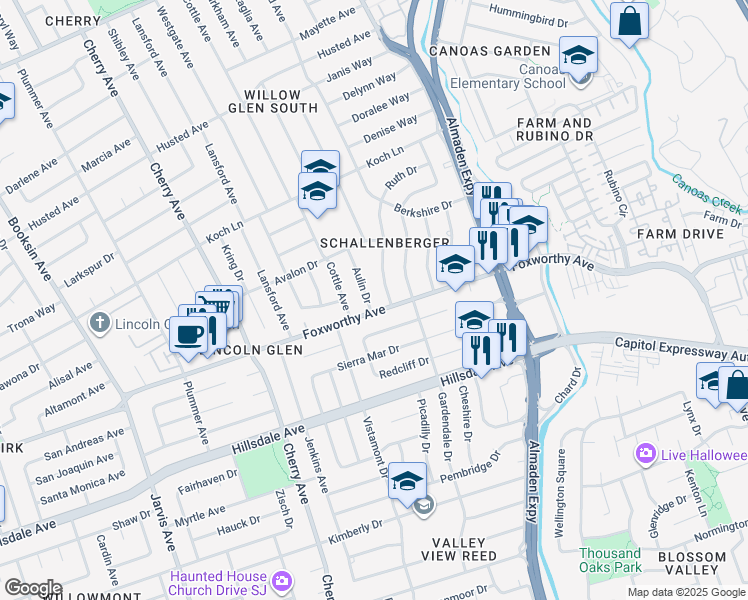 map of restaurants, bars, coffee shops, grocery stores, and more near 2986 Aulin Drive in San Jose