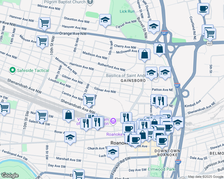 map of restaurants, bars, coffee shops, grocery stores, and more near 325 Gilmer Avenue Northwest in Roanoke