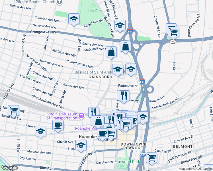 map of restaurants, bars, coffee shops, grocery stores, and more near 116 Patton Avenue Northwest in Roanoke