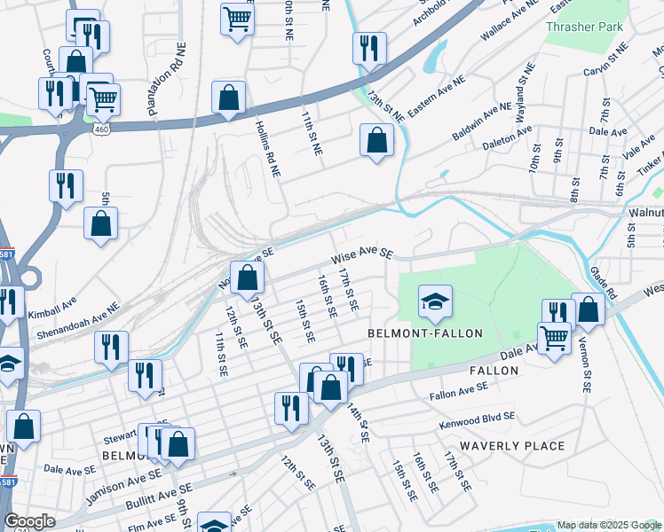 map of restaurants, bars, coffee shops, grocery stores, and more near 1617 Wise Avenue Southeast in Roanoke
