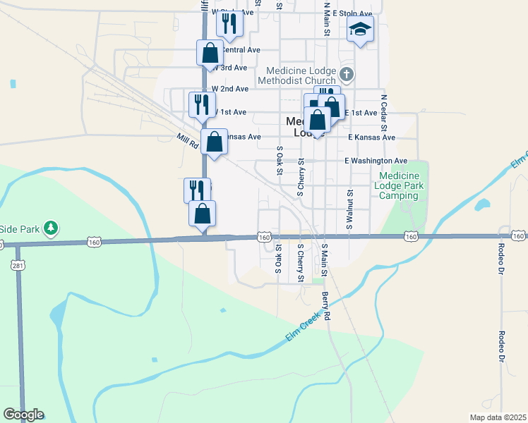 map of restaurants, bars, coffee shops, grocery stores, and more near 400 South Cleveland Street in Medicine Lodge