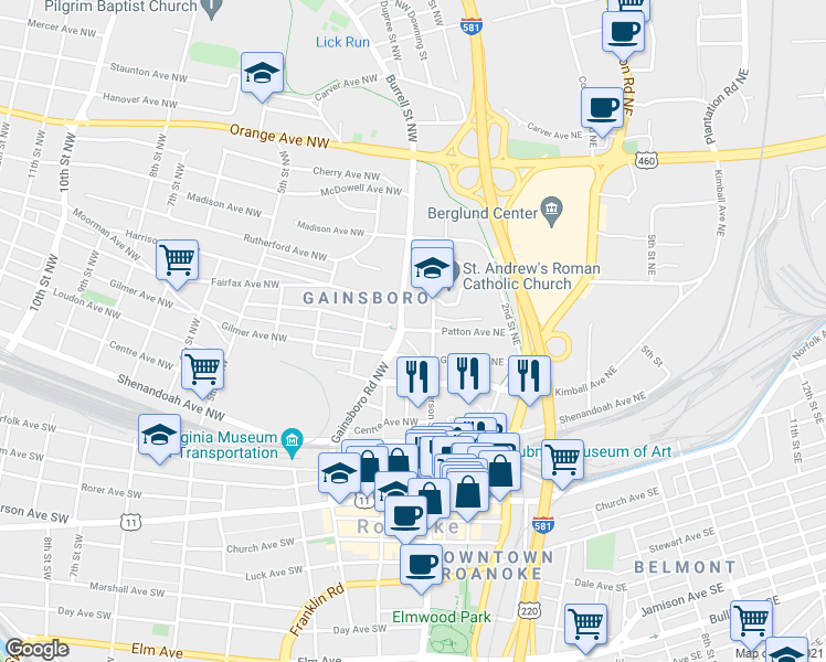 map of restaurants, bars, coffee shops, grocery stores, and more near 15 Patton Avenue Northwest in Roanoke