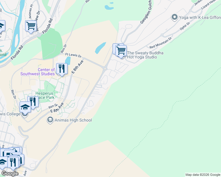 map of restaurants, bars, coffee shops, grocery stores, and more near 942 County Road 238 in Durango
