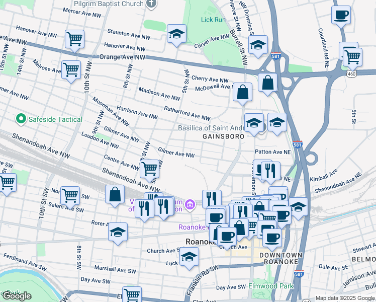 map of restaurants, bars, coffee shops, grocery stores, and more near 325 Gilmer Avenue Northwest in Roanoke