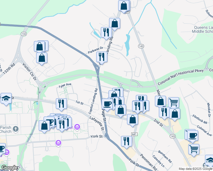 map of restaurants, bars, coffee shops, grocery stores, and more near 707 Monumental Avenue in Williamsburg