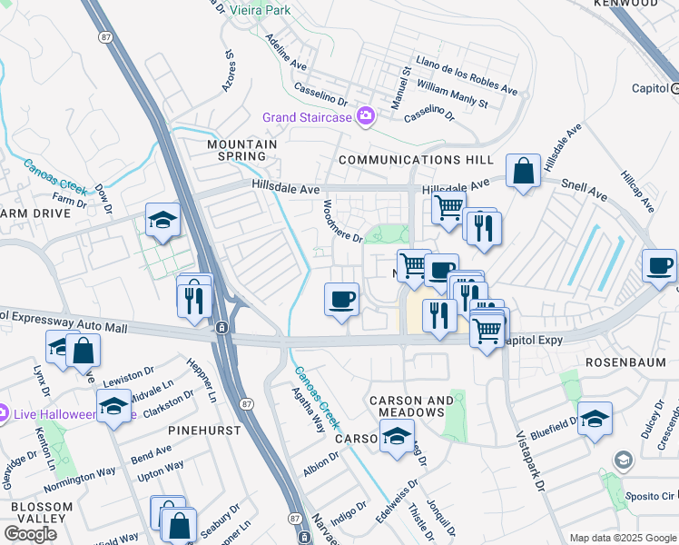 map of restaurants, bars, coffee shops, grocery stores, and more near 3315 Skyward Place in San Jose