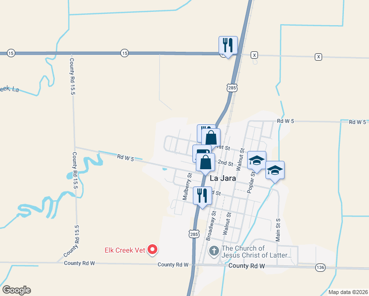map of restaurants, bars, coffee shops, grocery stores, and more near 2-102 2nd Street in La Jara