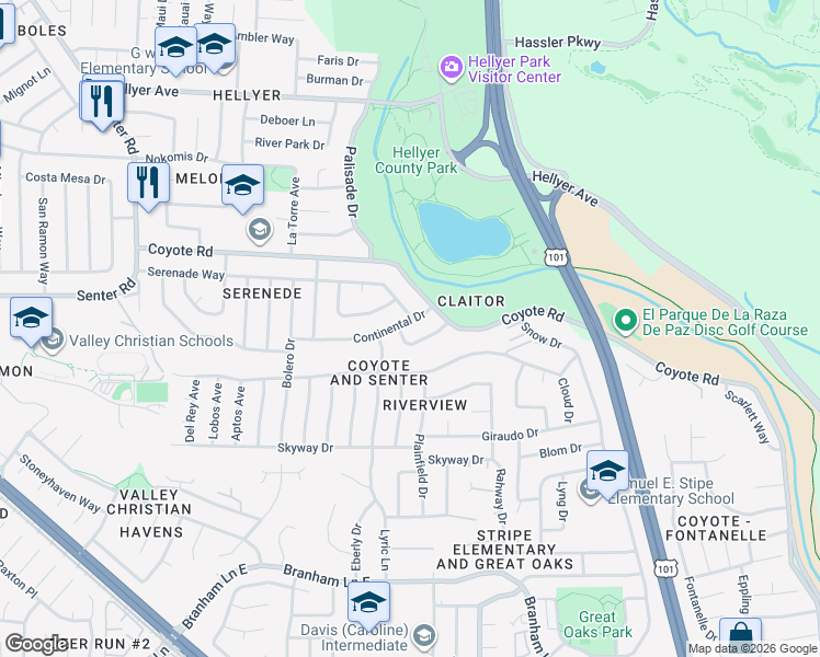 map of restaurants, bars, coffee shops, grocery stores, and more near 697 Adagio Way in San Jose
