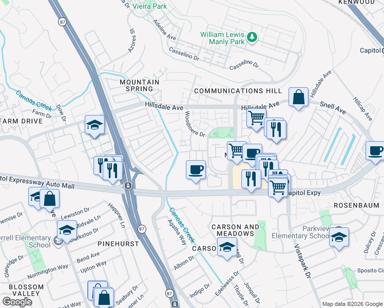 map of restaurants, bars, coffee shops, grocery stores, and more near 635 West Capitol Expressway in San Jose