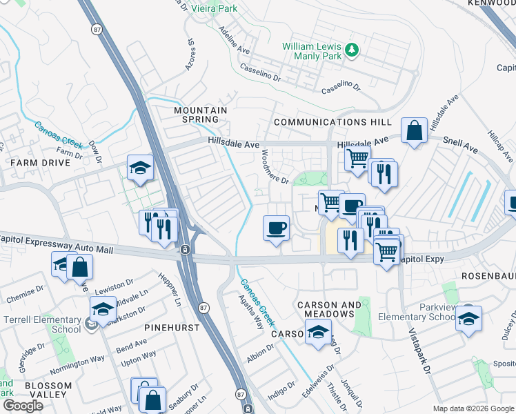 map of restaurants, bars, coffee shops, grocery stores, and more near 635 West Capitol Expressway in San Jose