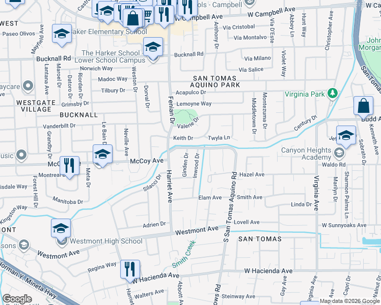 map of restaurants, bars, coffee shops, grocery stores, and more near 649 Ginden Drive in Campbell