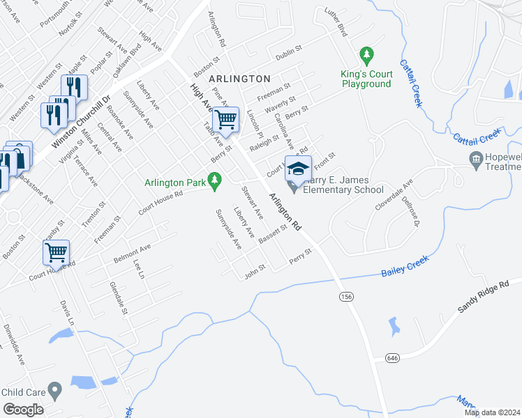 map of restaurants, bars, coffee shops, grocery stores, and more near 1818 Arlington Road in Hopewell