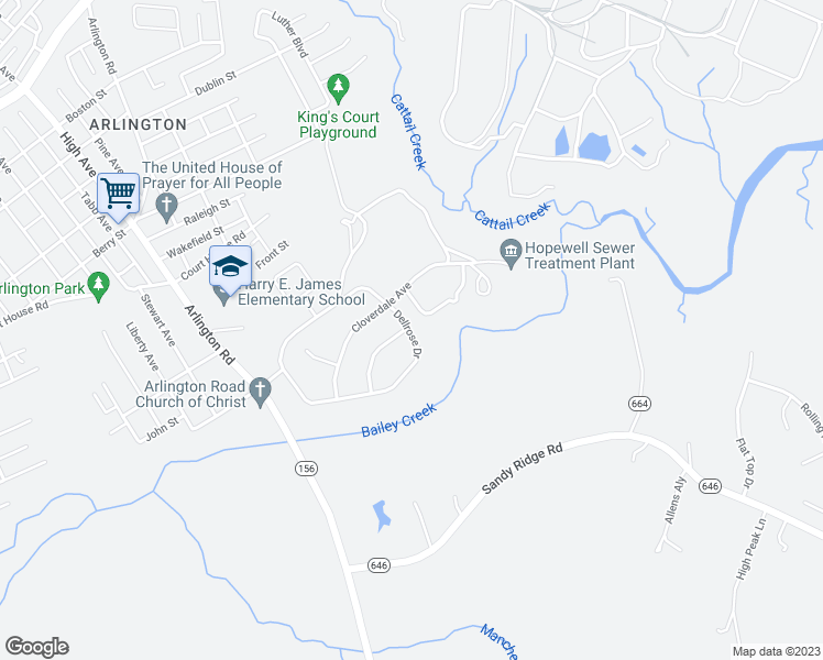 map of restaurants, bars, coffee shops, grocery stores, and more near 2222 Dellrose Drive in Hopewell