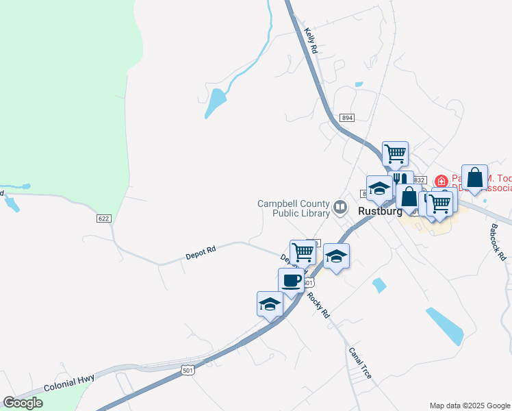 map of restaurants, bars, coffee shops, grocery stores, and more near 140 Heavenly Lane in Rustburg