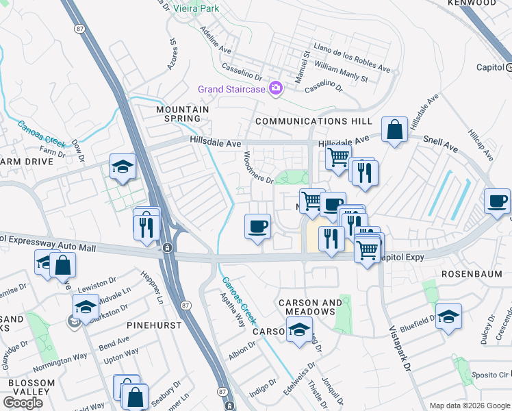 map of restaurants, bars, coffee shops, grocery stores, and more near 3388 City Lights Place in San Jose