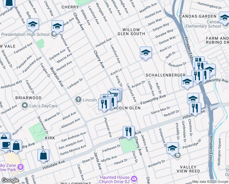 map of restaurants, bars, coffee shops, grocery stores, and more near 2889 Cherry Avenue in San Jose